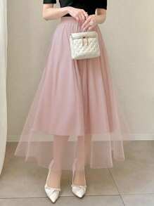 FRIFUL Women's Elastic Waist Mesh Overlay Skirt,Back To School Clothes - Pink - View 4