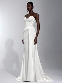 Elitara Elegant Lace Patchwork Satin Bustier With Sheer Bust, Ruched Waist, Cascading Ruffles And Fishtail Hem, Suitable For Vacation, Date, Birthday Party, Wedding, Graduation, Formal Gala, Valentine's Day - White - View 4