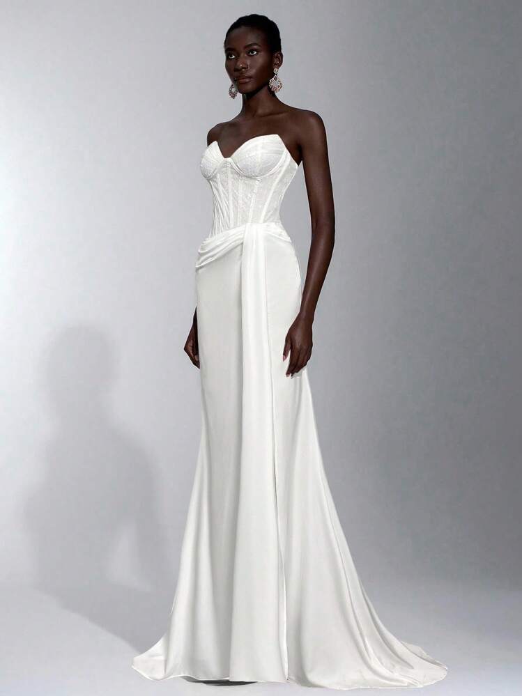 Elitara Elegant Lace Patchwork Satin Bustier With Sheer Bust, Ruched Waist, Cascading Ruffles And Fishtail Hem, Suitable For Vacation, Date, Birthday Party, Wedding, Graduation, Formal Gala, Valentine's Day - White - View 4