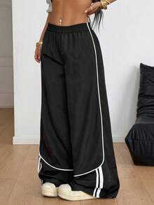 Coolane Women's Fall Streetwear Y2K Club Punk Striped Budding Black Wide Leg Pants - Black - View 2