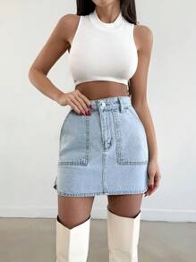 EURMUSE WOMEN CASUAL HIGH WAIST BLUE MINI DENIM SKIRT - Medium Wash - View 4
