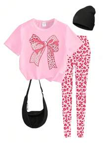 Setelan 2 Potong untuk Anak Perempuan: Kaos Grafis Motif Leopard Pink dengan Hiasan Pita dan Legging, Pakaian Sekolah Kasual untuk Anak Perempuan Remaja. - MultiWarna - View 4