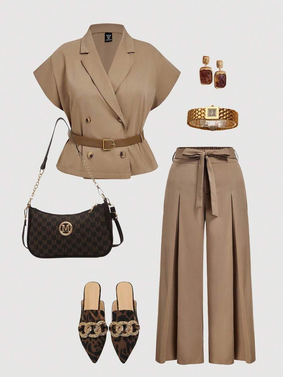 SHEIN MOD 加大码咖啡棕色盖袖翻领前开皮带纽扣西装外套，短款风衣背心 - 咖啡棕 - 查看 1