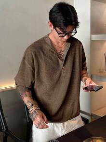 DAZY Summer Vacation Beach Textured Fabric Brown Half-Open Collar Men Knit Top, For Fall