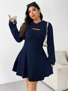 SHEIN EZwear 大码海军蓝厚实罗纹卫衣连衣裙套装，初秋 - 藏蓝色 - 查看 3