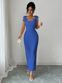 Elenzga 女士优雅无袖长裙，蝴蝶结装饰，休闲通勤、度假、下午茶、派对，纯色，法式浪漫西西里风格，春夏 - 寶藍色 - 查看 8