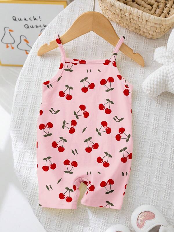 SHEIN Lässiger Strampler mit Trägern für Babys, Mädchen, geeignet für Frühling und Sommer, Kirsch-Baby-Outfit, Baby-Kirsch-Strampler, Baby-Mädchen-Sommerkleidung, Baby-Sommer-Strampler, Kleinkind-Kirsch-Strampler