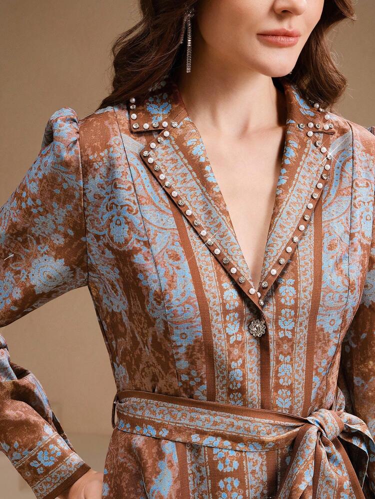Autumn/Winter Brown Retro Bohemian Style Printed Lace-Up Long Dress For Women