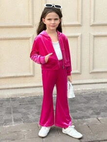 SHEIN Serisse Kids Bộ 2 món đồ cho bé gái, áo hoodie nhung họa tiết chữ đính đá và quần ống loe, quần nỉ, trang phục, dễ thương, giản dị và cổ điển, tuyệt vời cho trang phục thường ngày và đi học hàng ngày vào mùa hè và mùa thu, cho Giáng sinh - Màu Hồng Tươi - Xem 4