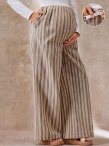 Boho Mama 可调节腰带条纹口袋孕妇宽腿宽松休闲裤 - 杏色 - 查看 6