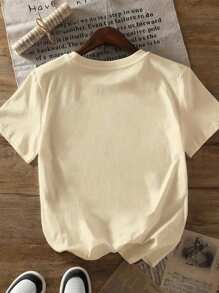 SHEIN Camiseta casual de mujer con estampado de mariposa y hombros caídos, para verano - Albaricoque - Ver 2