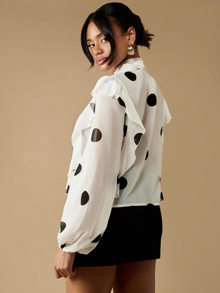 MISSGUIDED Elegant Polka Dot Ruffle Blouse With Tie Neck Long Sleeve Statement Top Victorian Style High Neck Holiday Party Special Occasion Fall Winter Office Wear Fashion