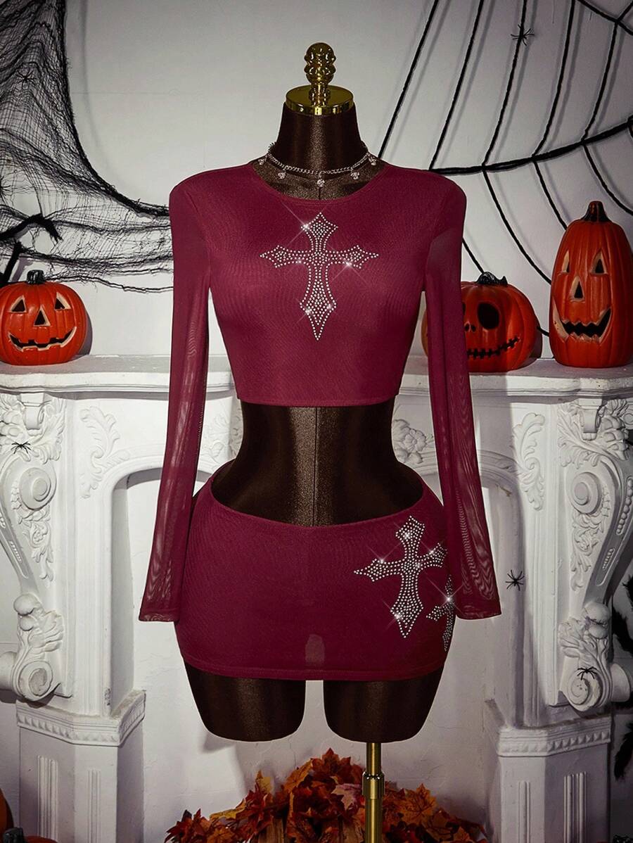 Amplova Bộ 2 mảnh đính đá chéo hình chữ thập hóa trang tiệc Halloween dành cho nữ - Màu Đỏ Sâu - Xem 1