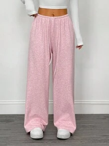 SHEIN PETITE 2pcs Women Solid Color Drawstring Waist Loose Casual Wide Leg Pants