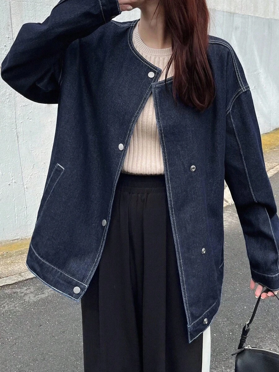 FRIFUL 女士休闲水洗落肩宽松夹克、牛仔夹克、秋季女装 - 黑色 - 查看 1