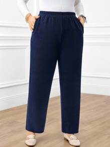 Miaspire Plus Size Women's Casual Daily Black Long Pants With Pockets - Navy Blue - View 3