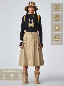 Flexra Women's Casual Outdoor Denim Cargo Skirt Outdoor  For Hiking Sun Protection Lightweight Quick Dry Hiking Outfits For Women Skirts With Pockets Cargo Skirts