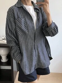 Livesso Women's Loose Striped Drop Shoulder Long Sleeve Single-Breasted Pocket Casual Shirt School - Navy Blue - View 2