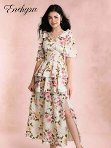Summer Elegant Floral All-Over Print Split Hem Dress For Teen Girls - Pink - View 1