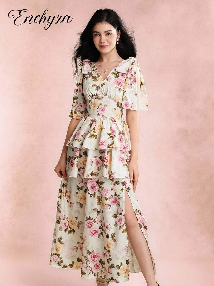 Summer Elegant Floral All-Over Print Split Hem Dress For Teen Girls - Pink - View 1