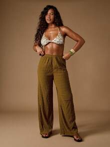 MISSGUIDED Pantalones de pierna ancha con textura, cintura elástica, ropa de playa y resort, ropa de estar en casa de vacaciones, estilo palazzo, pantalones de verano para festivales, ropa de vestir casual para vacaciones