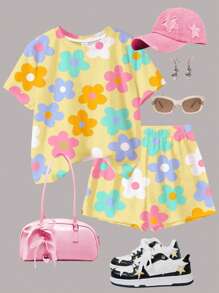 Emery Rose Kids Emery Rose Kids 2 件套青少年女孩休闲简约短袖 T 恤和短裤套装，适合夏季