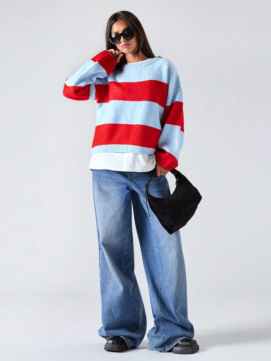 LYSMO 2025Phong cách mới mùa thu cho nữ/Áo len dài tay trễ vai kẻ sọc rộng rãi cho nữ/Sọc màu/Mùa đông cho nữ/Mùa đông cho nữ/Trở lại trường/Trường học/Trở lại trường/Trở lại trường cho nữ/Áo đi học/Halloween/Halloween cho nữ/Trang phục Halloween/Giáng sinh/Áo len Giáng sinh/Áo len năm mới - Nhiều màu - Xem 1