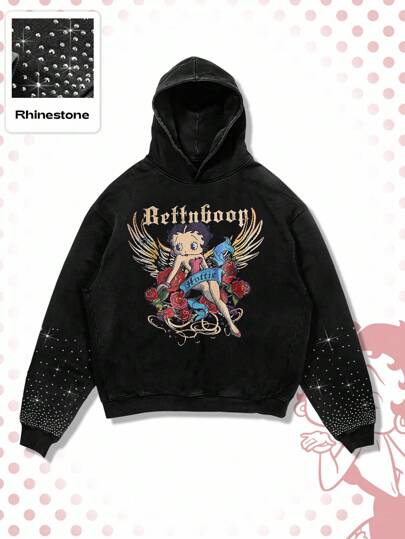 Betty Boop | ROMWE Men's Cartoon Snowflake And Text Graphic Print Rhinestone Hoodie Sweatshirt