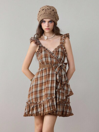 ROMWE Avant Damen Vintage Mori Kei Cottagecore karierter Stoff Kontrast Farbe Spitze Patchwork asymmetrischer Saum Flügelärmel Kleid