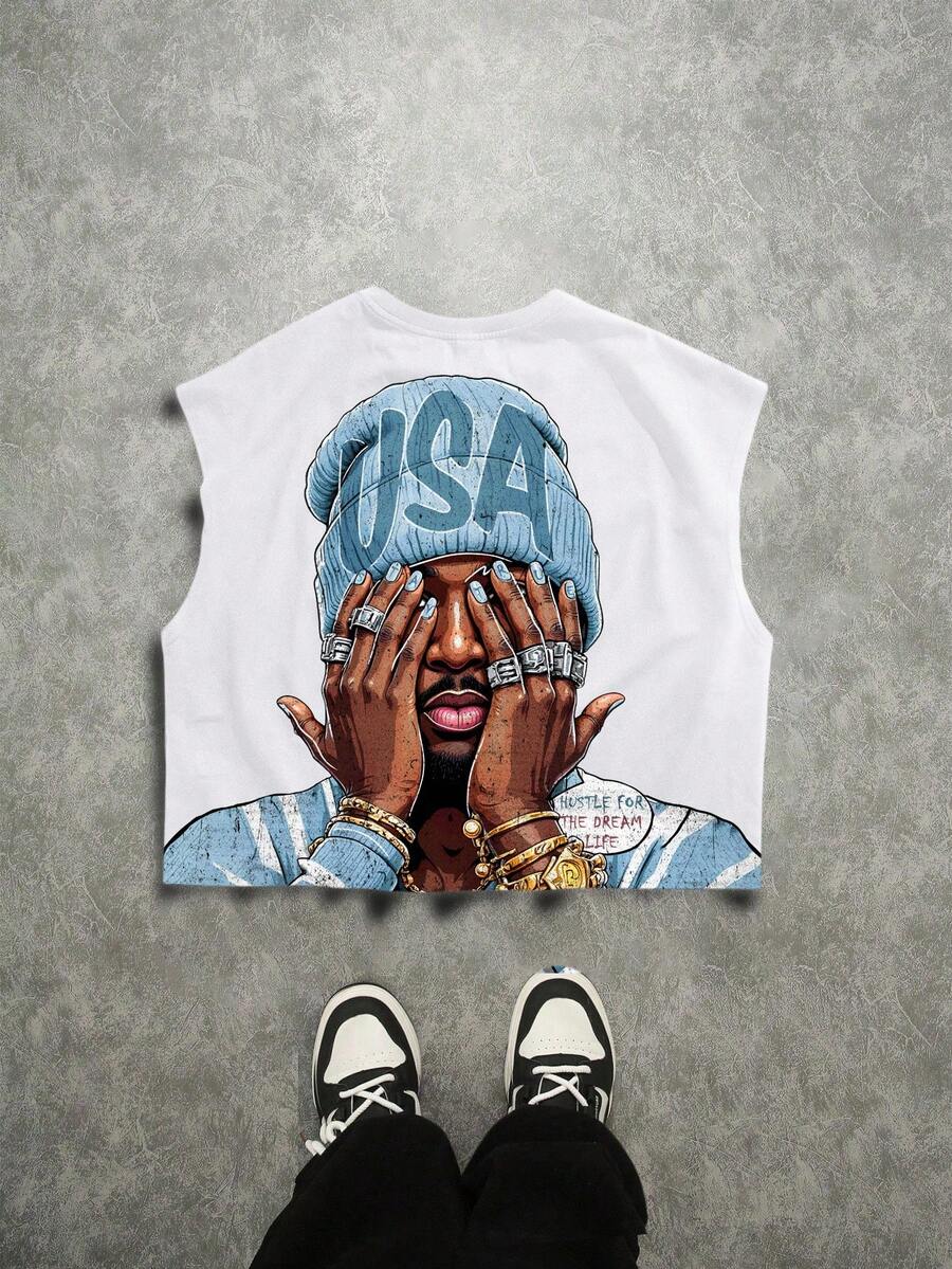 Manfinity ZONE917 男士圆领无袖创意肖像图案休闲全印花短款背心