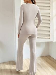 SHEIN 2 Pieces Maternity Apricot Solid Round Neck Raglan Sleeve Ribbed Casual Tops And Flared Pants Set Maternity Two Piece Set Ribbed Two Piece Set Autumn Women Clothing  Beige  Fall - Khaki - View 2