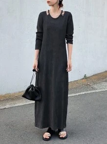 FRIFUL Women's Casual Commuter Solid Color Dress Long Sleeve Dress Ribbed Dress Knit Dress Women Dress Jumper Dress