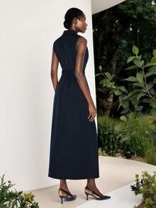 Maija 女士纯色翻领双排扣腰带前襟无袖长款连衣裙背心式礼服纽扣连衣裙燕尾服式礼服女士船长晚宴礼服 - 藏蓝色 - 查看 5