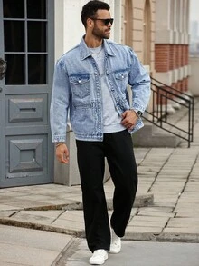 Manfinity Homme Chaqueta vaquera casual con bolsillos y efecto desgastado para hombre talla grande, otoño - Lavado ligero - Ver 3