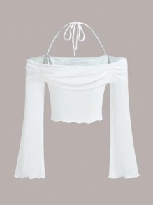 SHEIN ICON لباس علوي قصير موحدة اللون رسن عنق اكمام منتفضة