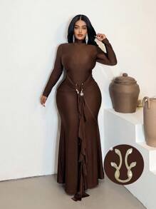 Maweii Große Größen Damen Neuer Herbst Schlangen Metall Dekor Volant Saum Figurbetontes Langarm Kleid