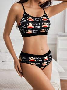 Paul Frank X SHEIN Bộ đồ lót áo ngực và quần lót họa tiết hoạt hình và chữ cái dành cho nữ - màu đen - Xem 4