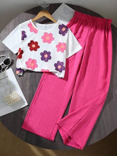 Sparklyn Conjunto informal de 2 piezas para adolescentes con camiseta de manga corta holgada con estampado floral + pantalones largos de rayas tejidos para vacaciones