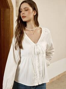 INAWLY Áo cánh tay dài buộc nơ phía trước màu trơn cỡ lớn dành cho nữ mùa thu vải dành cho nữ - trắng - Xem 3