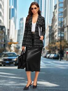 SHEIN Clasi Chaqueta elegante de manga larga con cintura entallada a cuadros para mujer en invierno - Blanco y Negro - Ver 3
