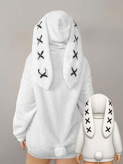 Sweetina Chaqueta tipo cárdigan con orejas de conejo y bolas de peluche, linda, sexy y dulce, adecuada para usar en casa y al aire libre en otoño para mujeres