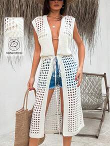 SHEIN Suéter de mujer de unicolor con diseño de abertura delantera y cordón