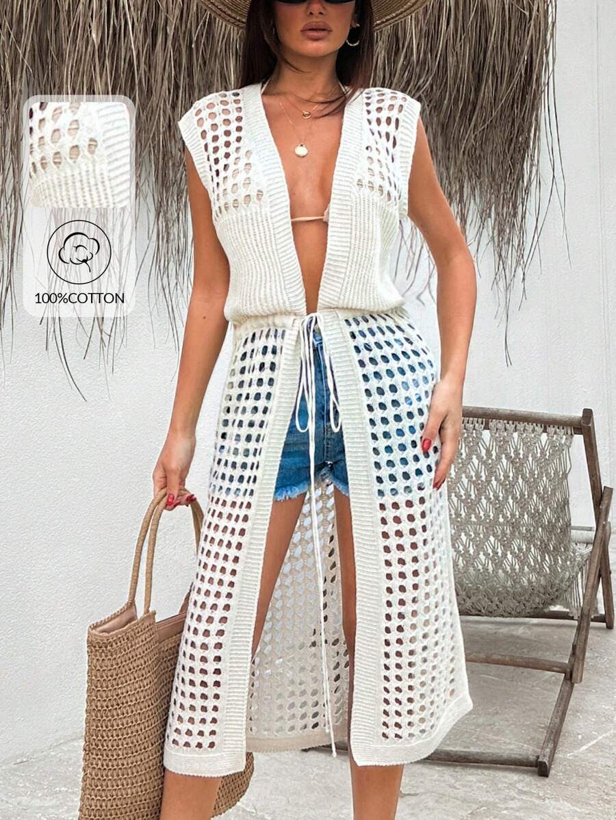 SHEIN Suéter de mujer de unicolor con diseño de abertura delantera y cordón