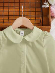 SHEIN 年轻女孩宽松复古彼得潘领荷叶边袖衬衫 - 杏色 - 查看 3