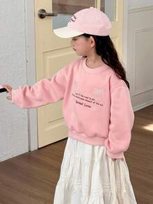 DAZY 女童圆领刺绣蝴蝶结英文卫衣，清新甜美韩版风格，长袖，秋冬款 - 藕粉色 - 查看 3