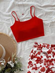 Soleia 2pcs/Set Casual Floral Print Crop Camisole And Skirt, Suitable For Summer Vacation Outfits Woman 2 Pieces Red Two Set - Red - View 5