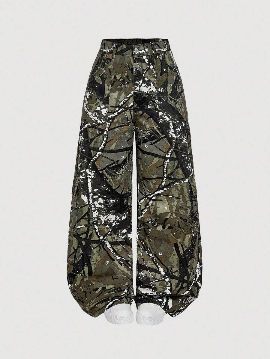 SHEIN MOD Calça jeans plus size de algodão com estampa de leopardo, casual, solta e reta - Multicolorido - Ver 1