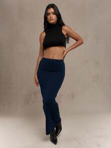 MISSGUIDED Váy Maxi Cạp Cao Ôm Sát Kiểu Dáng Ôm Sát Dài Đến Sàn Dự Tiệc Tối Trang Phục Trang Trọng Công Sở Chuyên Nghiệp Mùa Đông Thu - Màu xanh hải quân - Xem 3