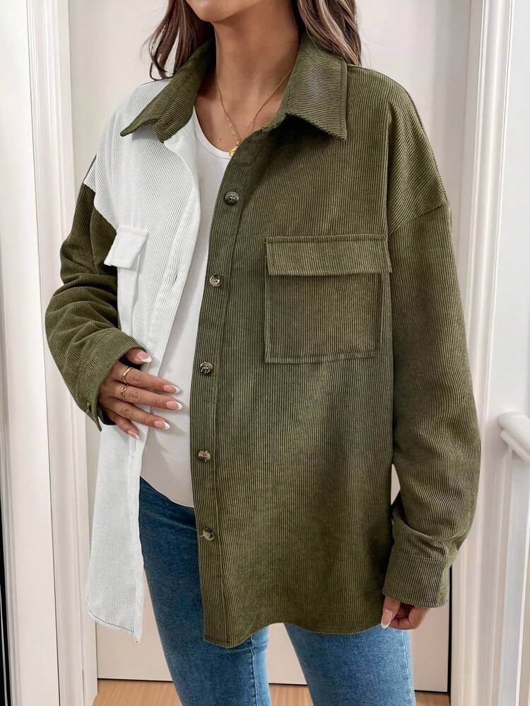 SHEIN Contrast Color Collar Resin Button Decor Maternity Regular Jacket  Fall Women Clothes Fall Women Clothes  Fall   Button Up Shirt Women - Green - View 6