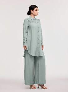 Veilorie 2件套女士纯色长袖衬衫和休闲裤 - 綠色 - 查看 5